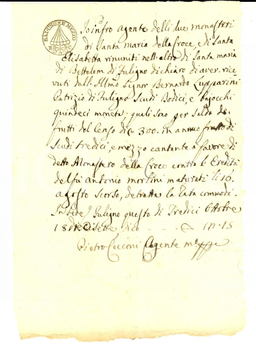 Documento originale, autentico 1715 FOLIGNO Ricevuta monasteri SANTA MARIA DELLA CROCE  SANTA ELISABETTA 1