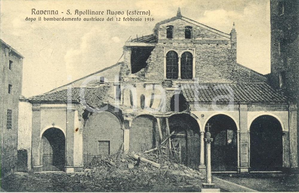 Cartolina originale da collezione 1920 ca RAVENNA Chiesa di SANT'APOLLINARE NUOVO dopo il bombardamento *FP NV 1