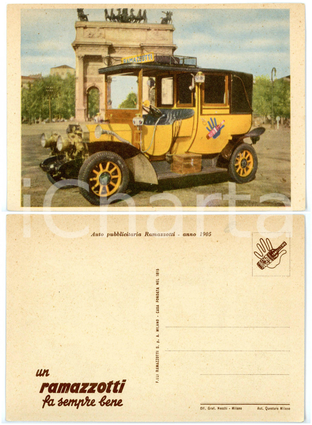 Materiale pubblicitario d’epoca 1950 ca MILANO Auto pubblicitaria RAMAZZOTTI 1905 all Arco della Pace Cartolina 1