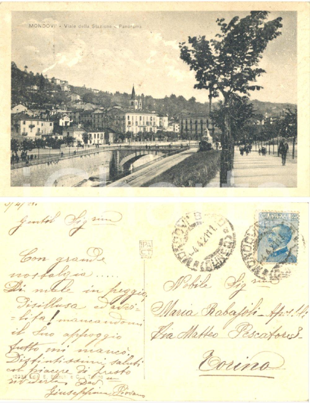 Autografo originale 1921 MONDOVI' (CN) Viale Stazione *Giuseppina PIOVANO a Maria RABAJOLI APOSTOLI 1