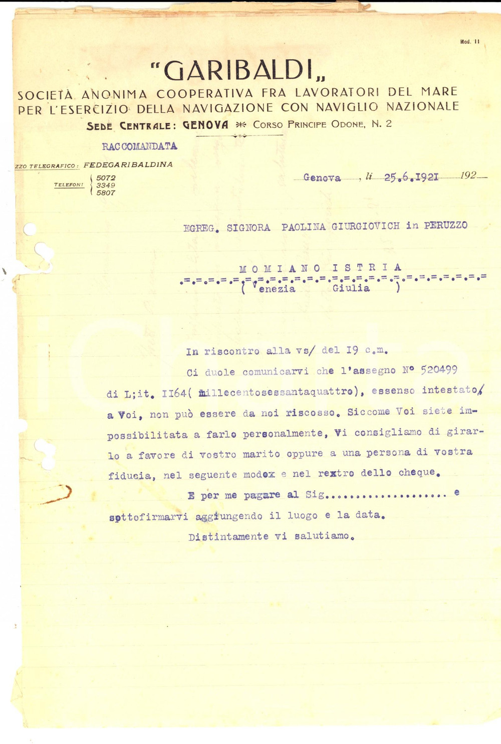 Documento originale, autentico 1921 GENOVA SocietÃ  Cooperativa GARIBALDI nega assegno a Paolina GIURGOVICH 1