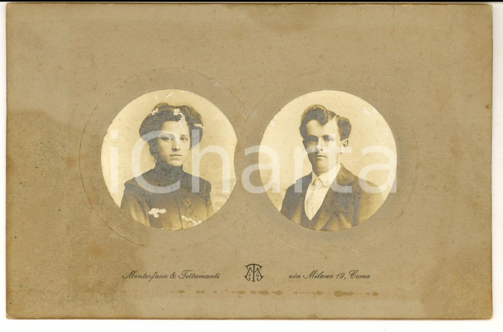 Fotografia d epoca originale 1900 ca COMO Ritratto di giovani sposi Foto MONTORFANO & TETTAMANTI 1