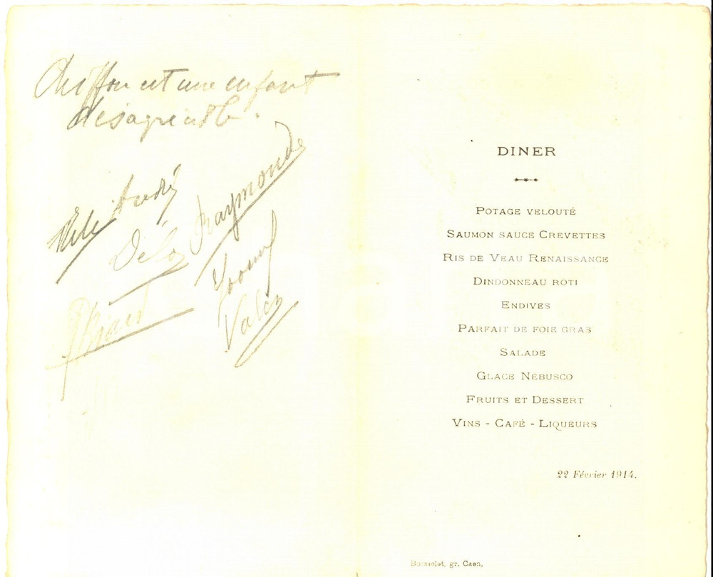 Oggetto da collezione cartaceo 1914 CAEN (F) MenÃ¹ di una cena con firme dei commensali *VINTAGE 1