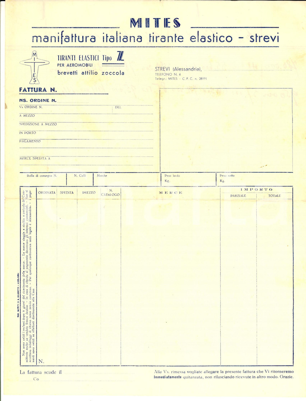 Materiale pubblicitario d’epoca 1945 ca STREVI (AL) Manifattura Italiana Tiranti Elastici MITES *Modulo d'ordine 1