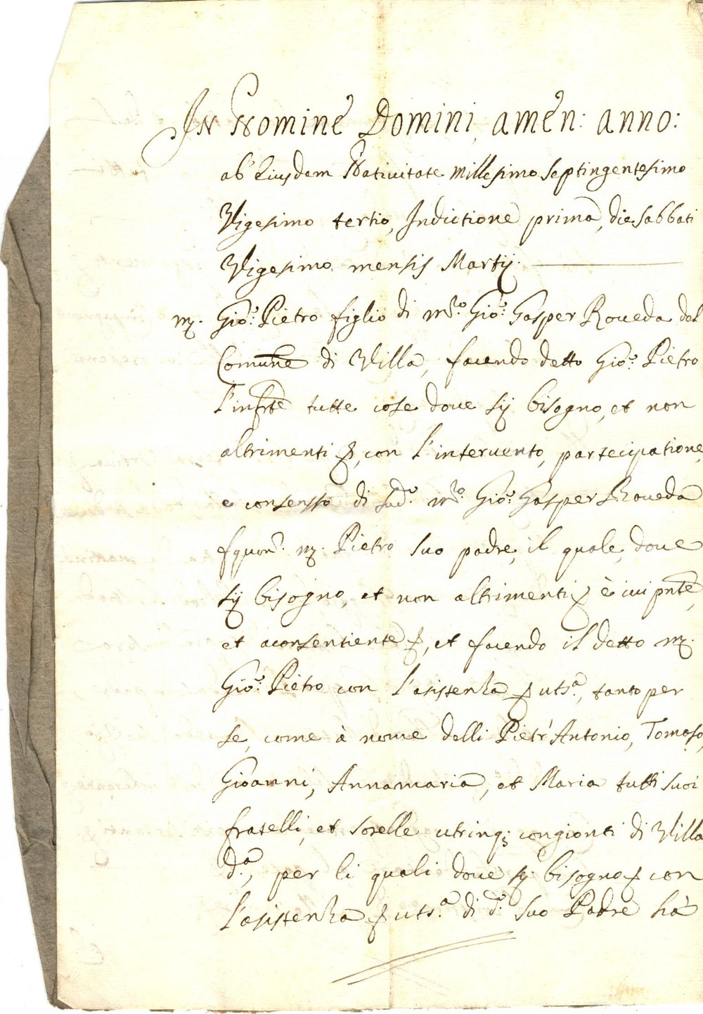 Documento originale, autentico 1723 VILLA DI CHIAVENNA (SO) Giovanni Pietro ROVEDA vende orto a PONTEGGIA 1