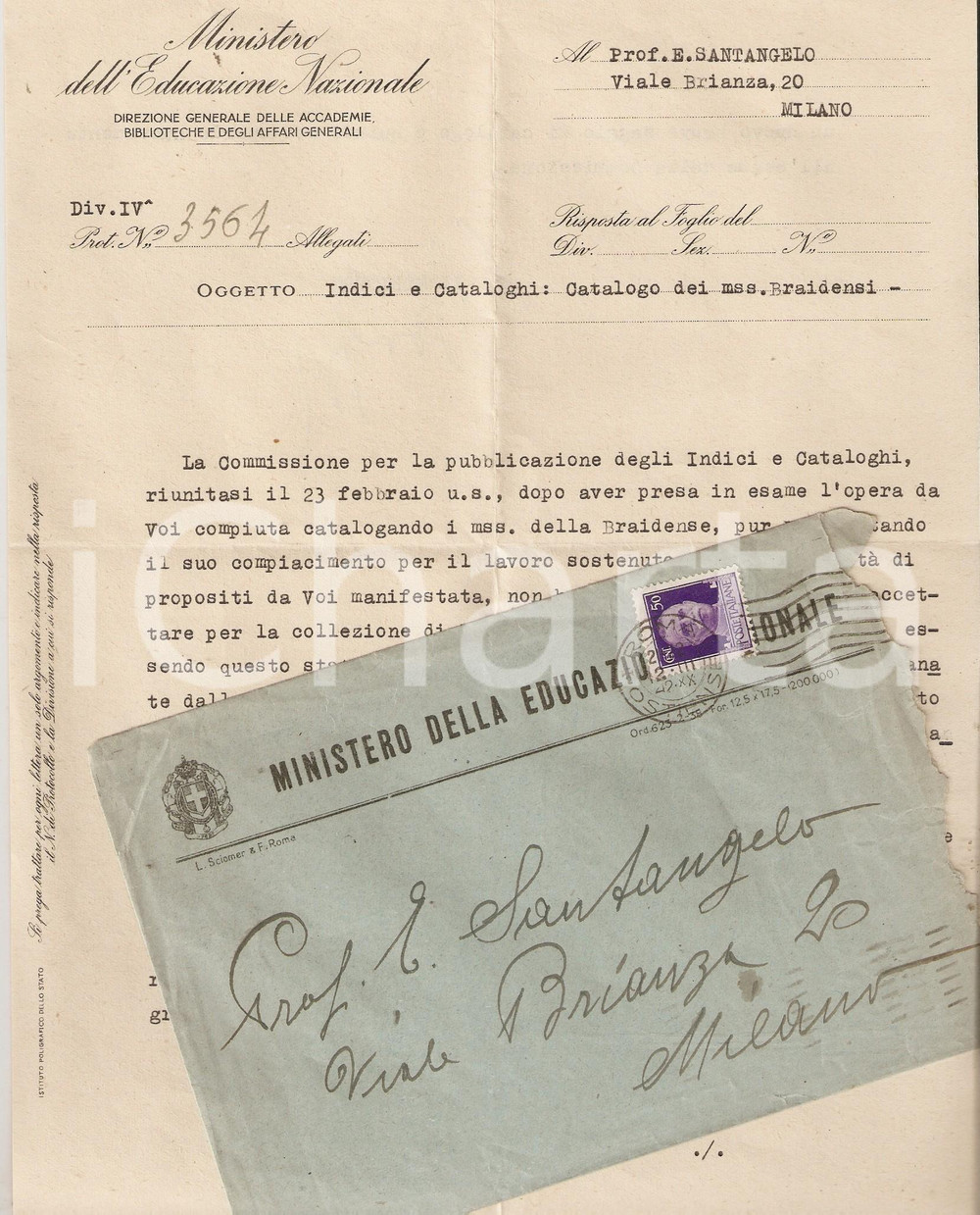 Documento originale, autentico 1942 MILANO Ettore SANTANGELO cataloga mss BRAIDENSE 1