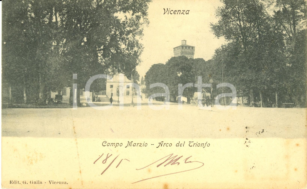 Cartolina originale da collezione 1900 ca VICENZA Veduta di CAMPO MARZO con l'arco di trionfo *Cartolina FP VG 1