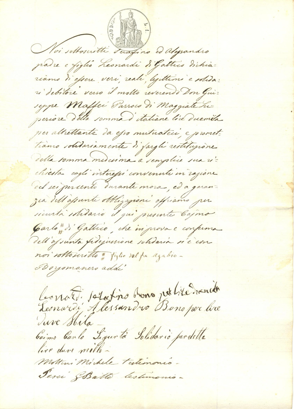 Documento originale, autentico 1885 ca GATTICO NO Serafino LEONARDI debitore del parroco Giuseppe MAFFEI 1