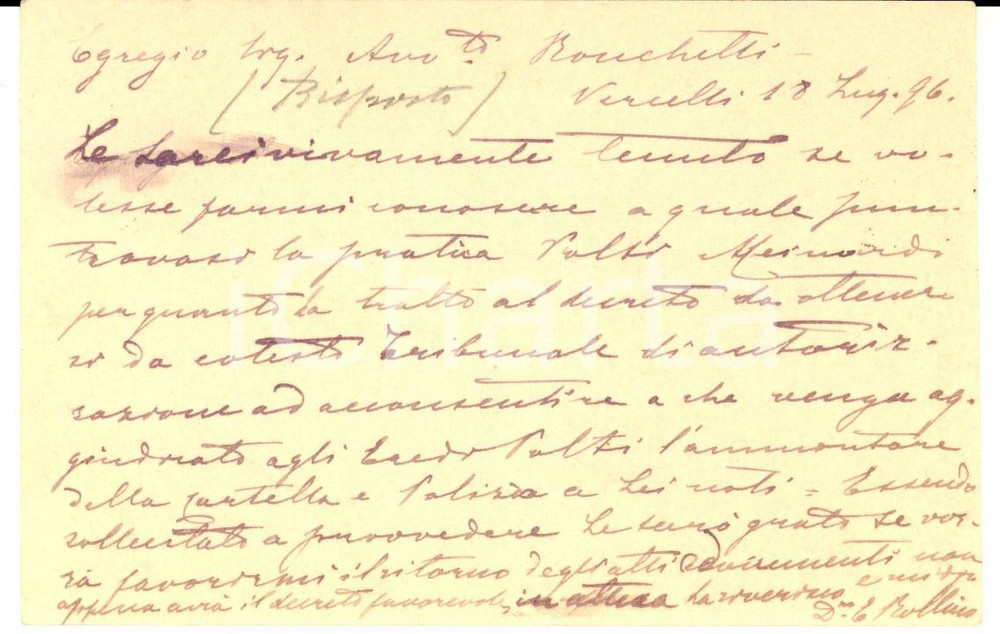 Cartolina originale da collezione 1896 VERCELLI Cartolina ROLLINO all'avv. Giuseppe RONCHETTI su pratica POLTI 1