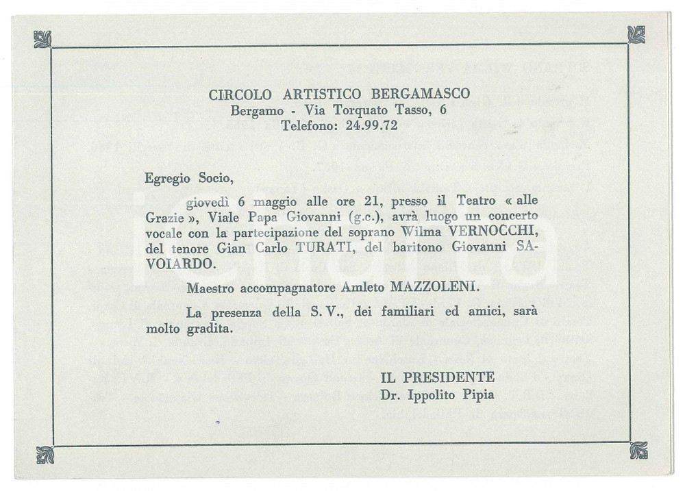Oggetto da collezione cartaceo 1975 ca BERGAMO Teatro alle Grazie  Concerto Wilma VERNOCCHI Gian Carlo TURATI 1