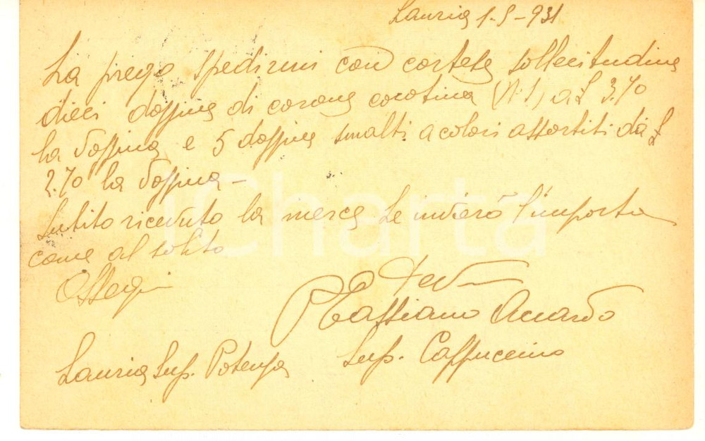Cartolina originale da collezione 1931 LAURIA PZ Convento Cappuccini  Cartolina padre Cassiano ACCARDO 1