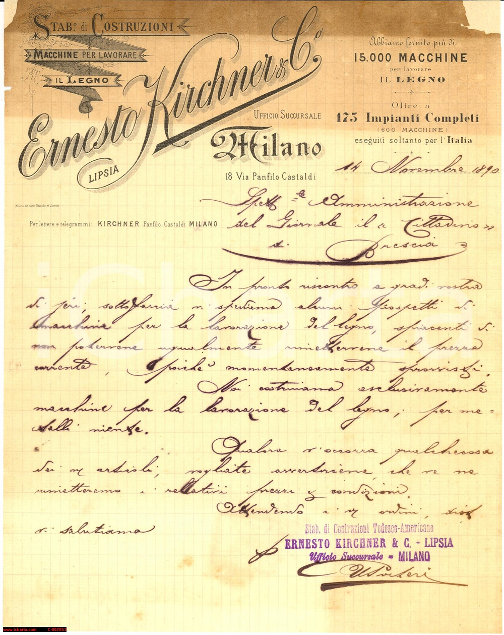 Documento originale, autentico 1890 MILANO via Panfilo CASTALDI  Ernesto KIRCHNER Macchine per legno Lettera 1