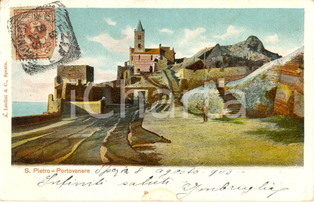 Cartolina originale da collezione 1903 PORTO VENERE SP Veduta esterna della chiesa di SAN PIETRO Cartolina FP VG 1