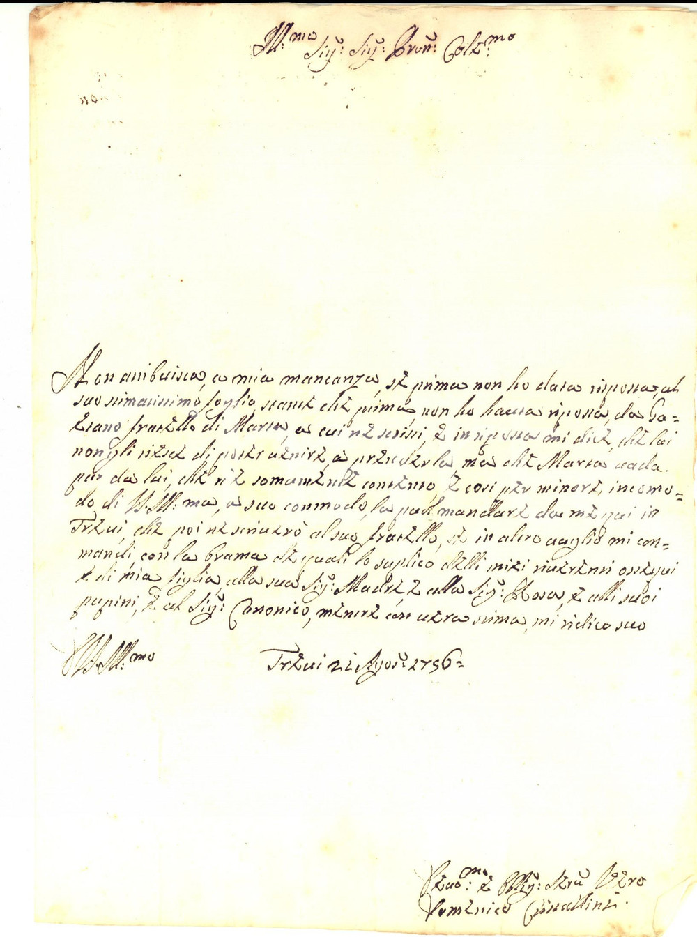Manoscritto, lettera originale 1756 TREVI PG Domenico CRISTALLINI Ã¨ rimasto senza risposta Lettera 1