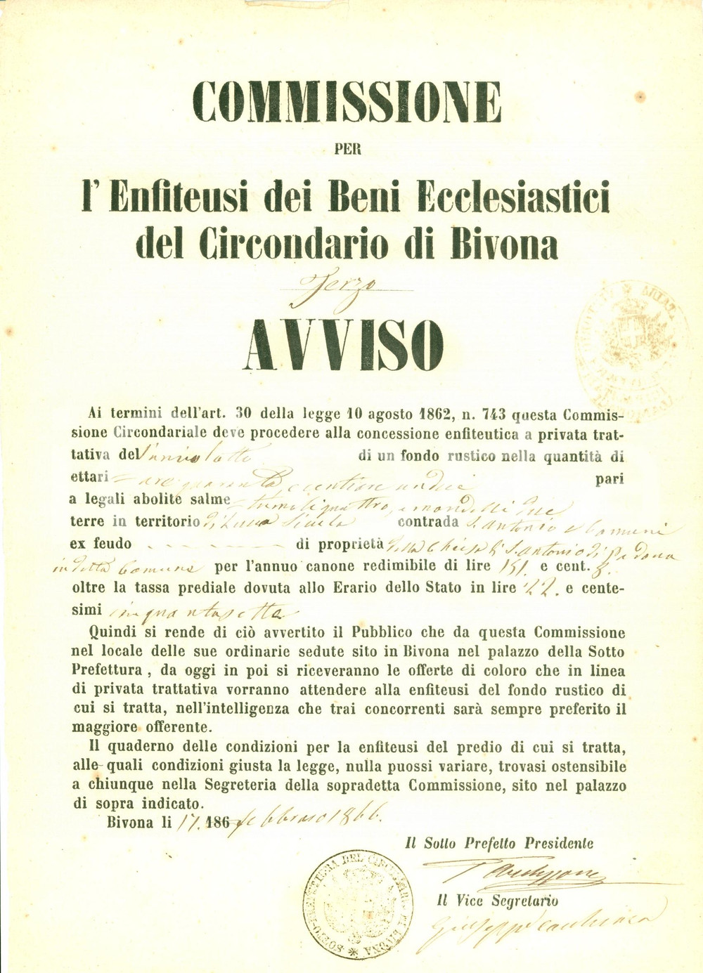Documento originale, autentico 1866 BIVONA AG Affitto fondo rustico Chiesa SANT ANTONIO da PADOVA Manifestino 1