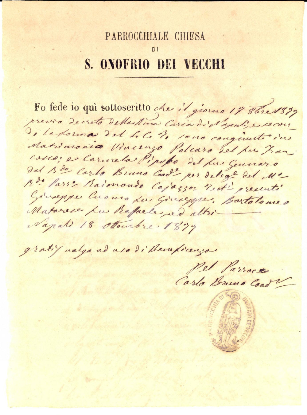 Documento originale, autentico 1877 NAPOLI SANT ONOFRIO DEI VECCHI Nozze Vincenzo POLCARO e Caterina PIPOLO 1
