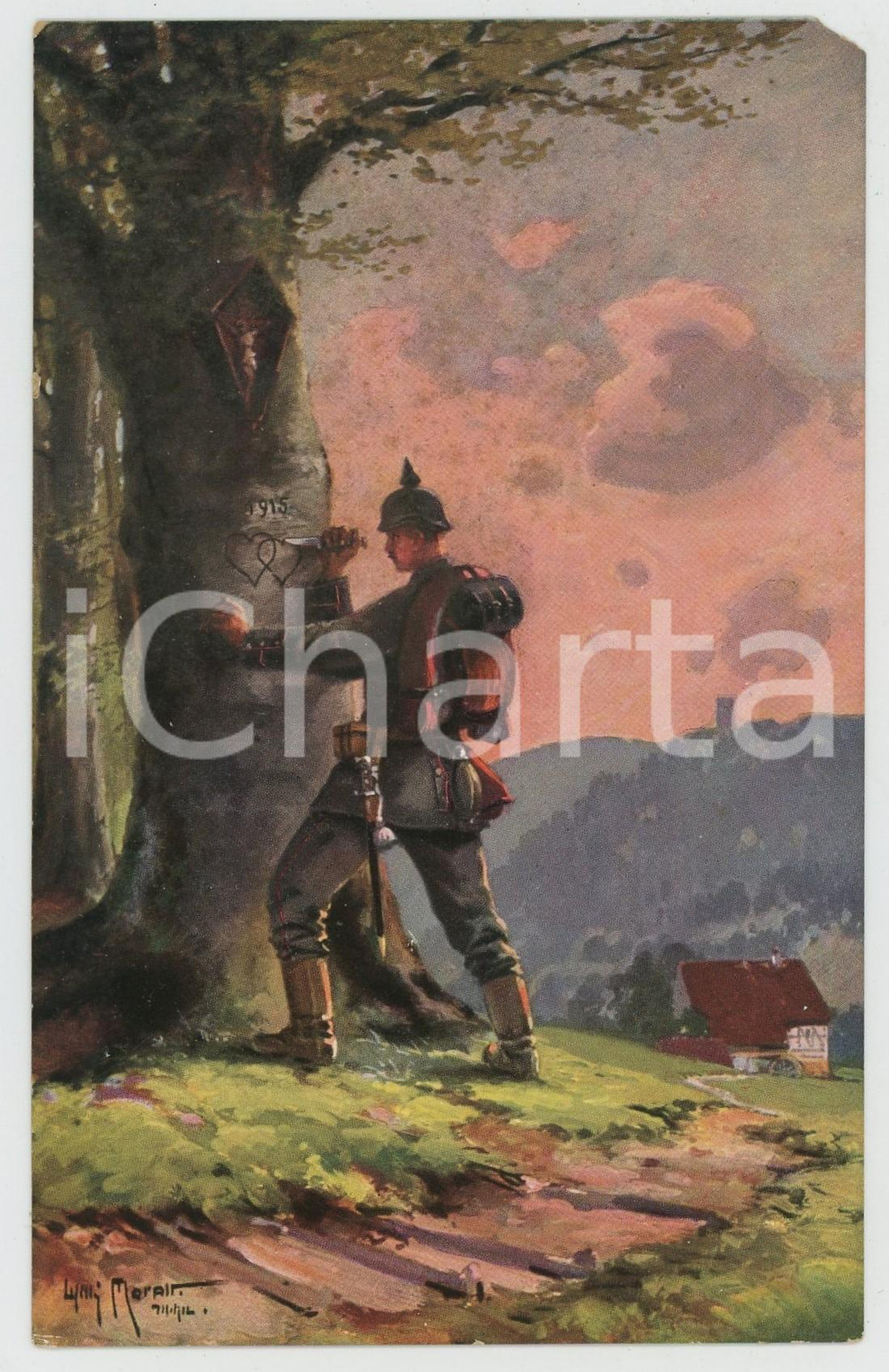 1915 ca WW1 Artist Willy MORALT Soldier carving hearts on a tree - Postcard  Cartolina postale d'epoca, non viaggiata. POOR/danneggiato Lievi smussature agli angoli, mancanza all'angolo superiore destro Formato: FP originale e autentica 1