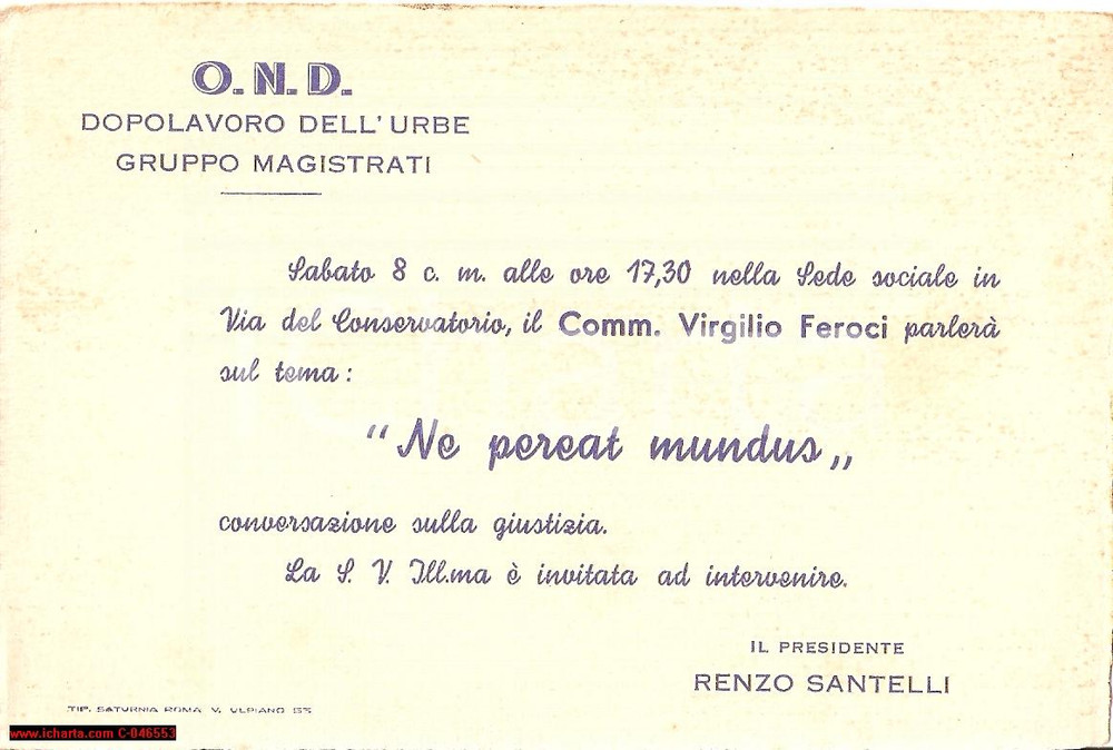 Oggetto da collezione cartaceo 1935 ROMA Conferenza Virgilio FEROCI Ne pereat mundus Invito 1