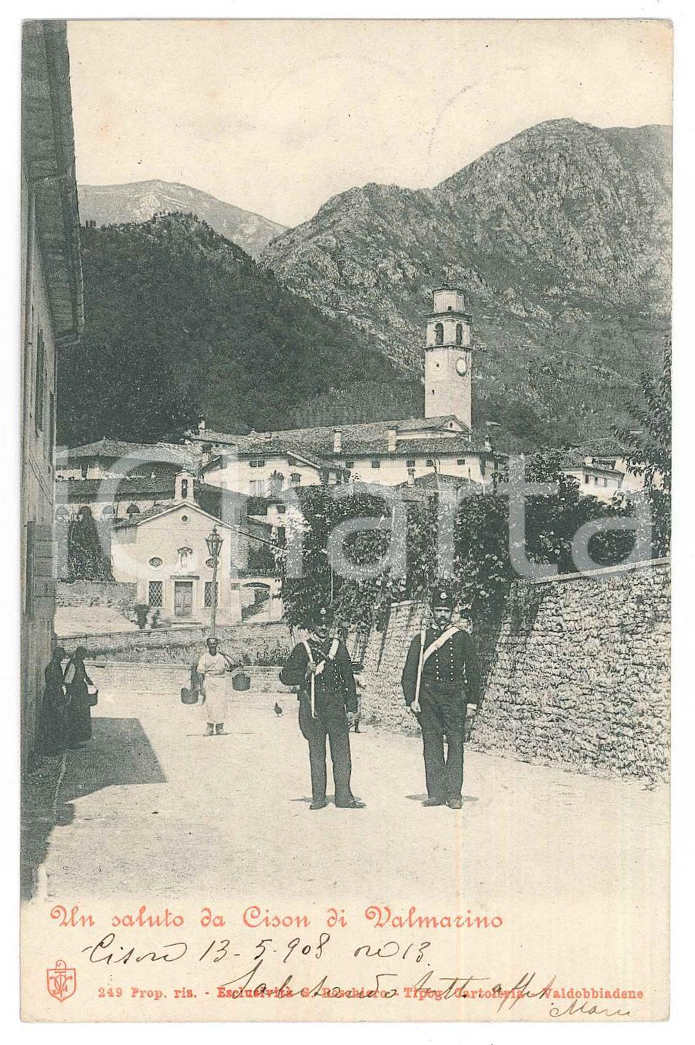 1908 CISON DI VALMARINO (TV) Veduta con militari *Cartolina RARA FP VG