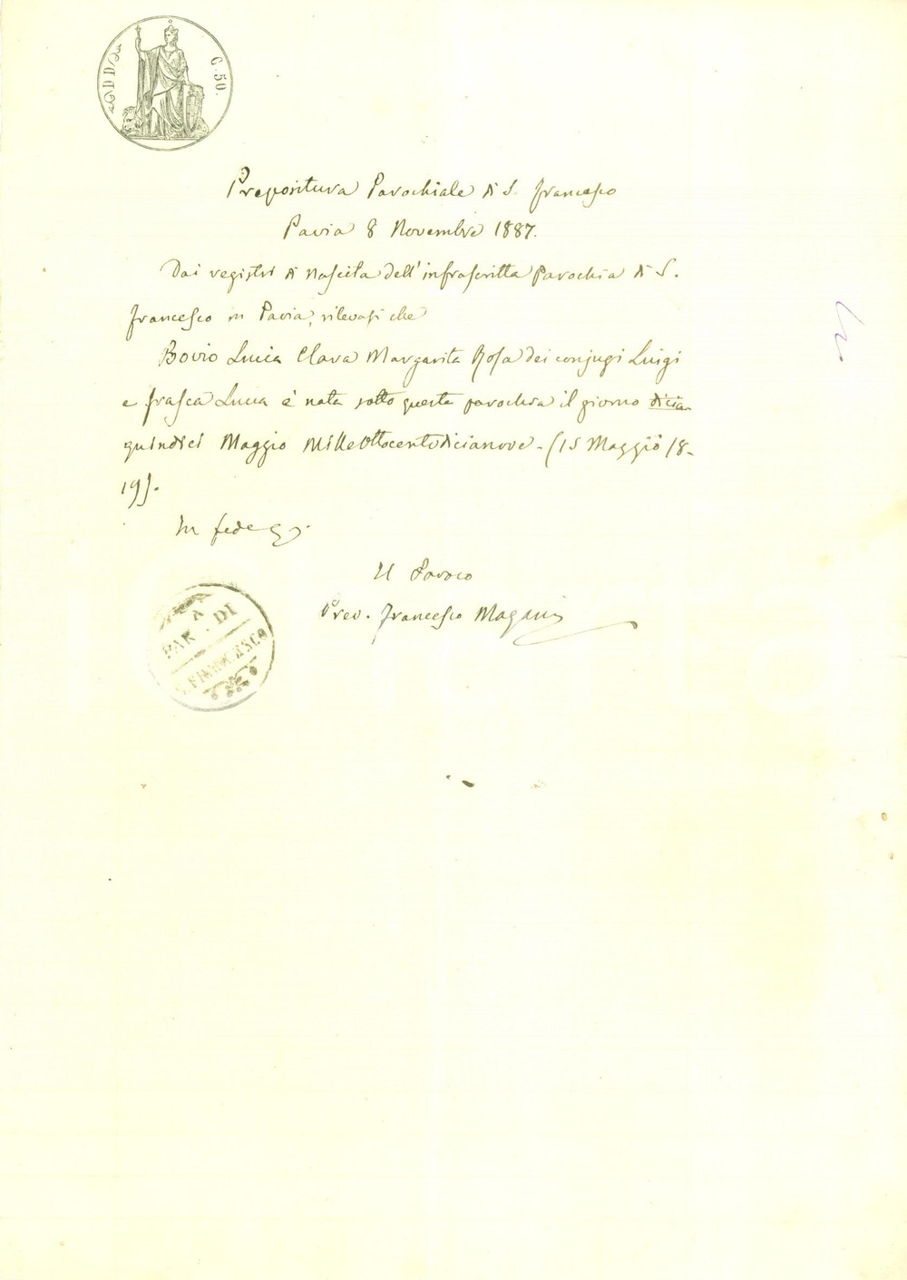 Documento originale, autentico 1887 PAVIA Certificato di nascita di Lucia BOVIO Parrocchia di San Francesco 1