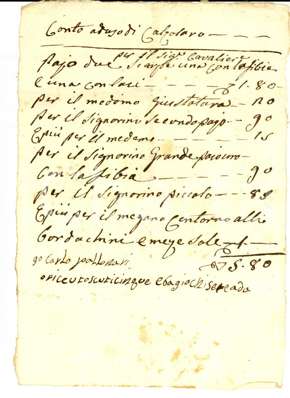 Documento originale, autentico 1780 ca VENEZIA (?) Conto del calzolaio Carlo PALLONARI per nobile famiglia 1