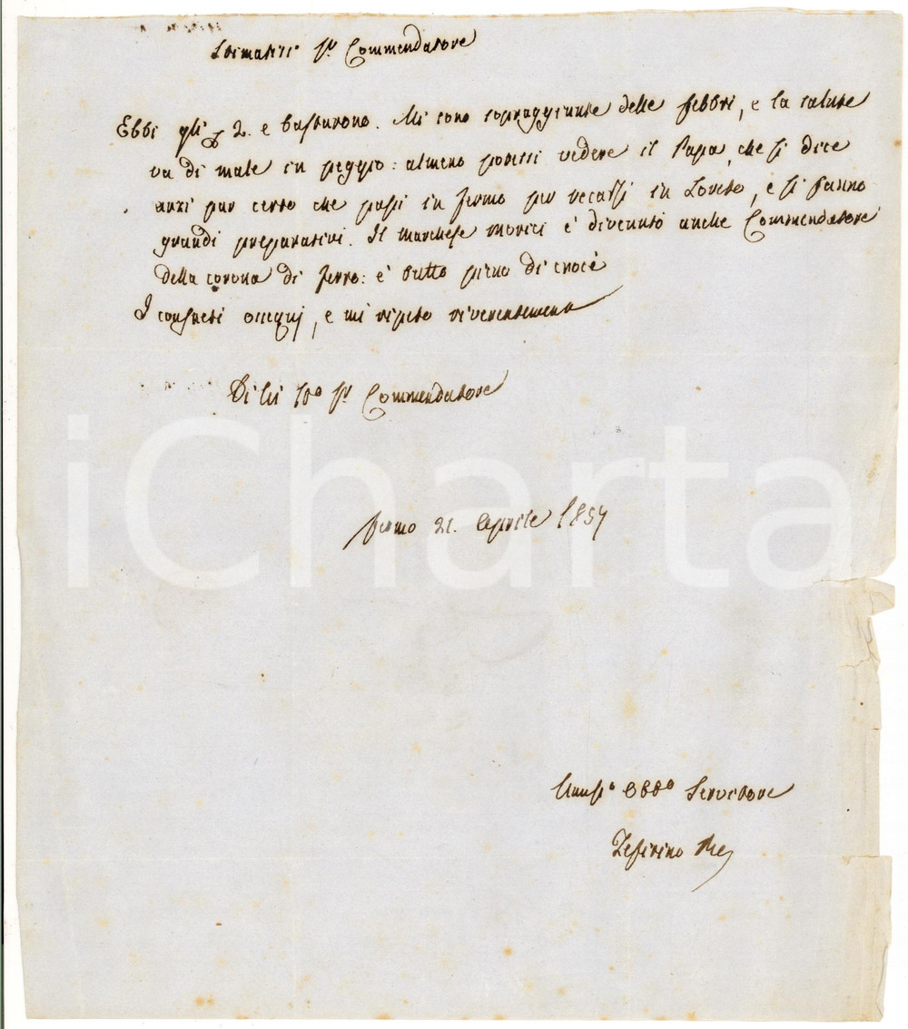 Manoscritto, lettera originale 1857 FERMO Zeffirino RE spera di vedere il passaggio del Papa *Autografo 1