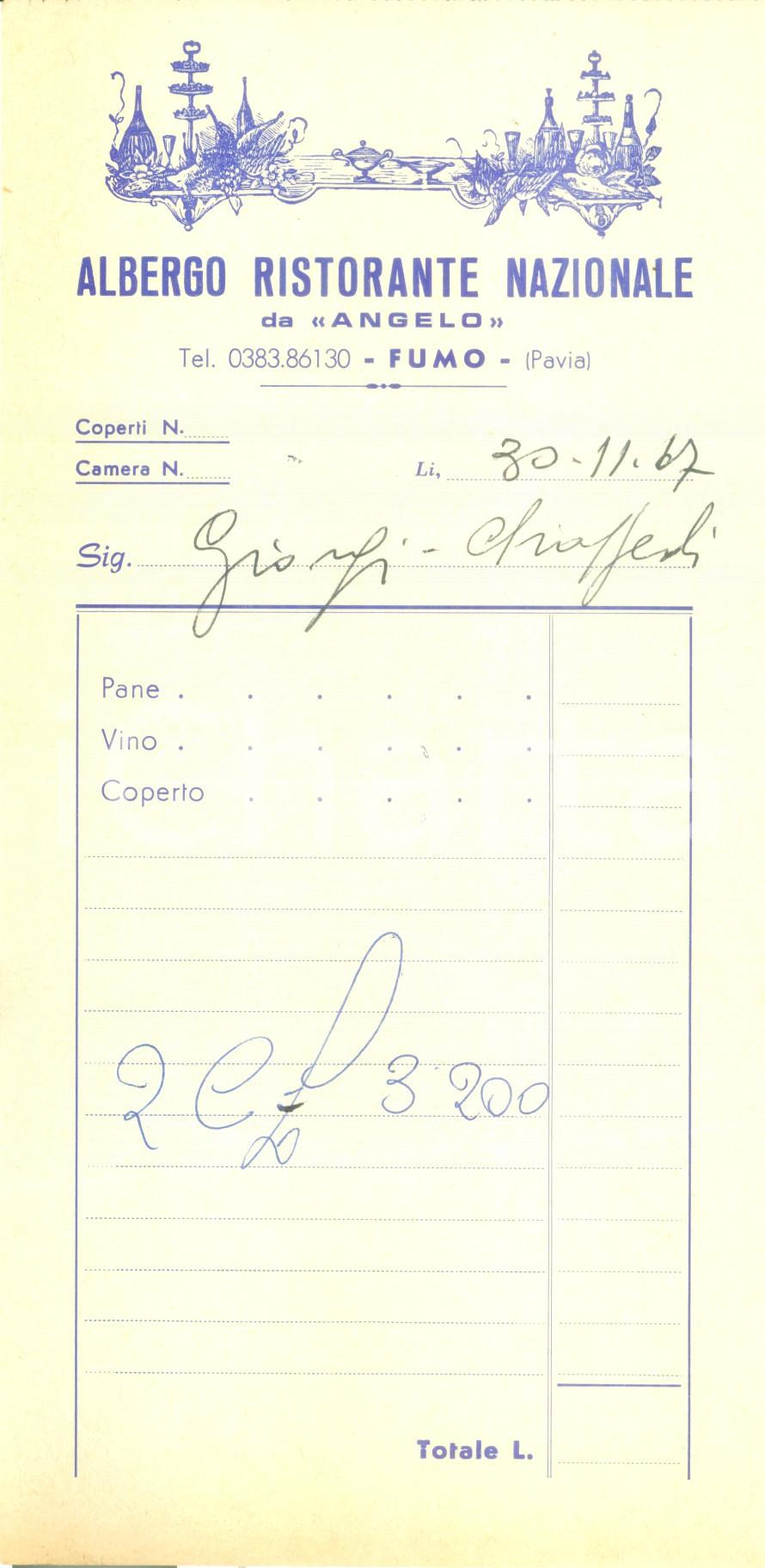 Documento originale, autentico 1967 CORVINO SAN QUIRICO Albergo Ristorante Nazionale DA ANGELO a FUMO 2 1