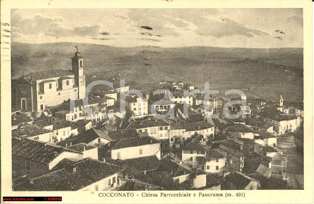 Cartolina originale da collezione 1936 Cocconato Monferrato  Chiesa e panorama VG 1