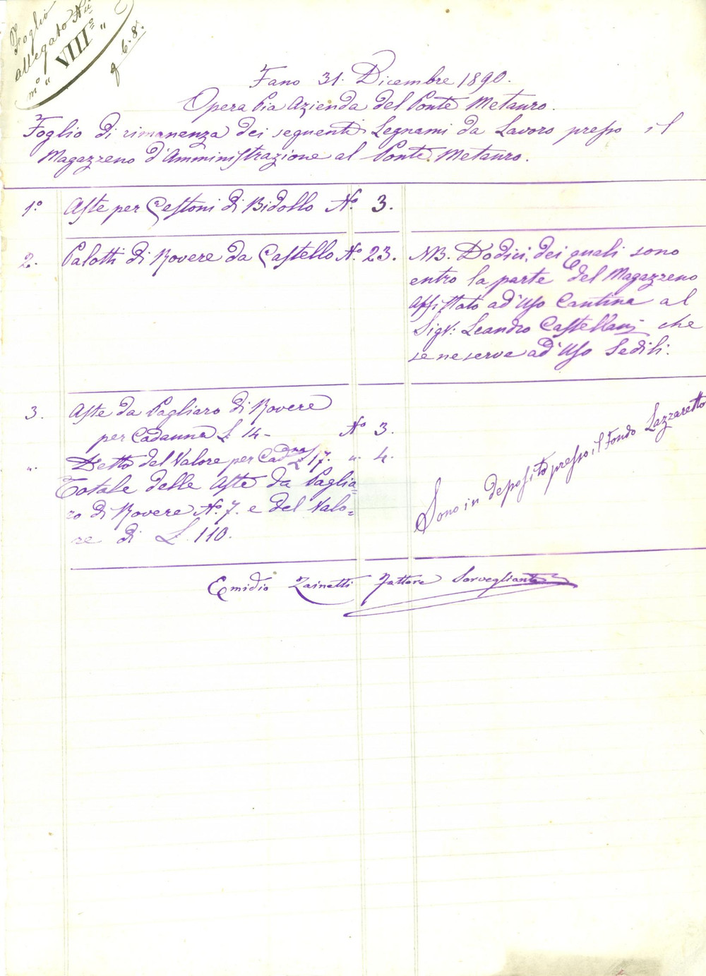 Documento originale, autentico 1890 FANO PU Opera Pia Azienda PONTE METAURO Rimanenze legna e tronchi 1