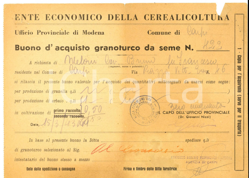 Documento originale, autentico 1943 CARPI MO Ente Economico Cerealicoltura  Buono acquisto granoturco 1