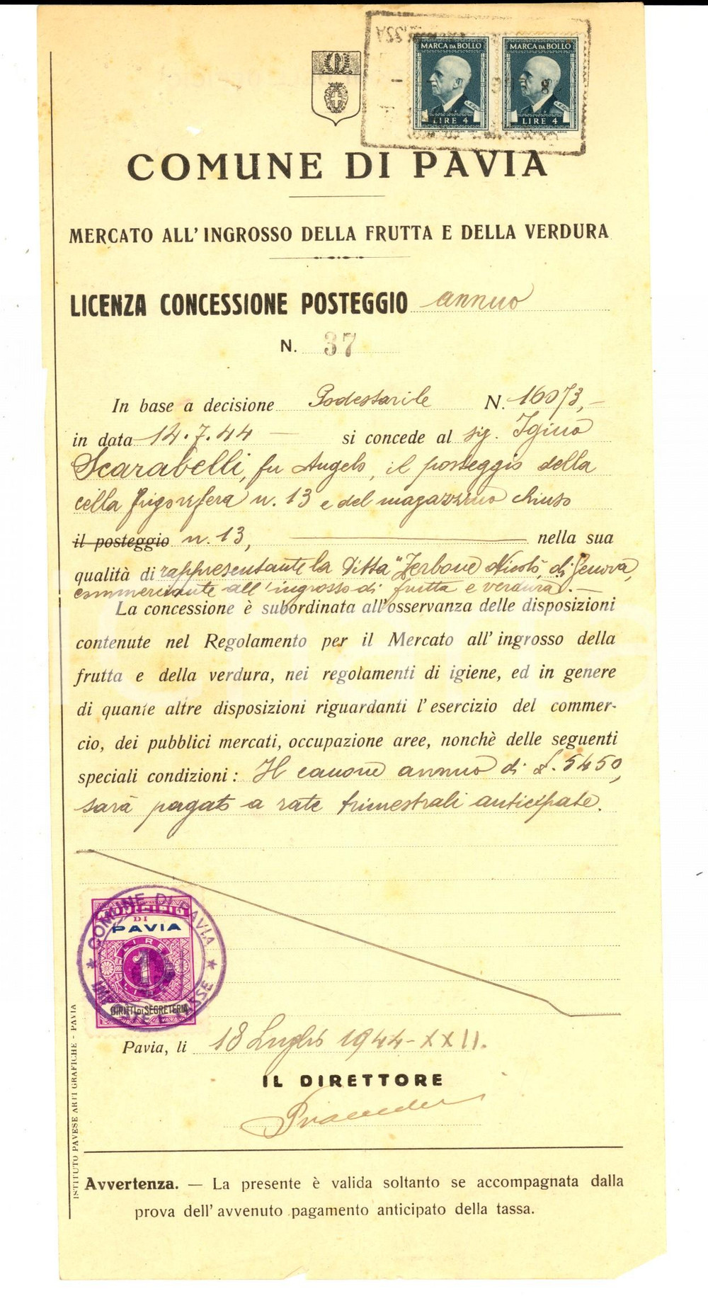 Documento originale, autentico 1944 PAVIA Mercato ortofrutticolo ingrosso  Licenza posteggio Igino SCARABELLI 1