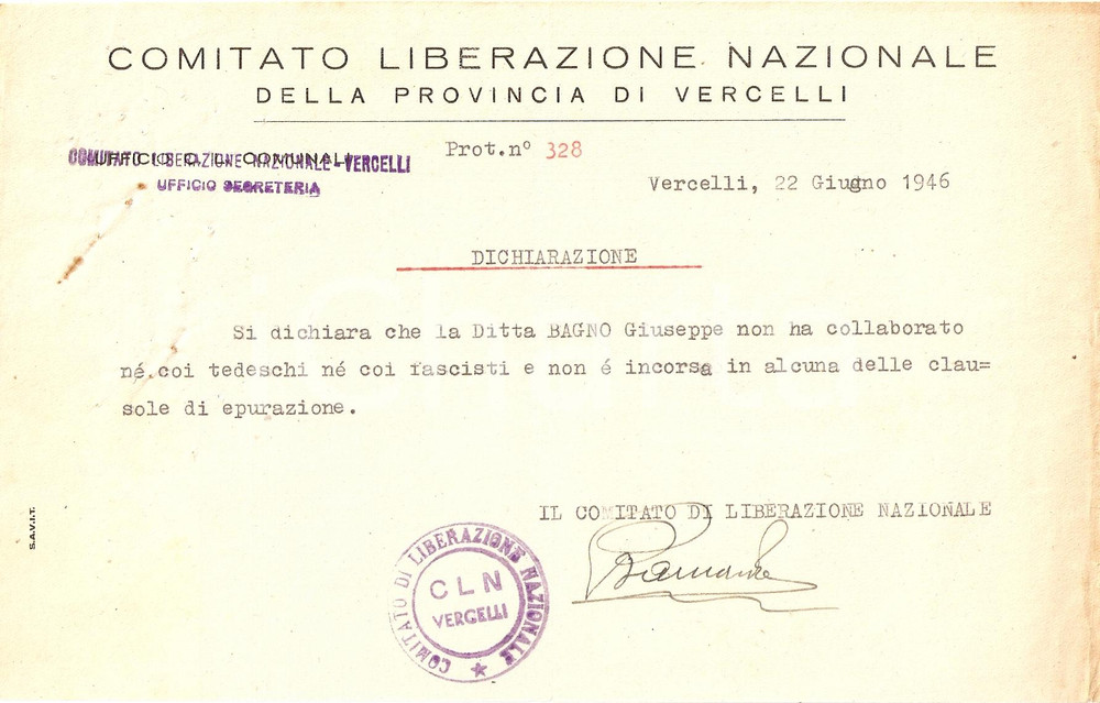 Documento originale, autentico 1946 VERCELLI CLN Ditta Giuseppe BAGNO non ha collaborato con fascisti e nazisti 1