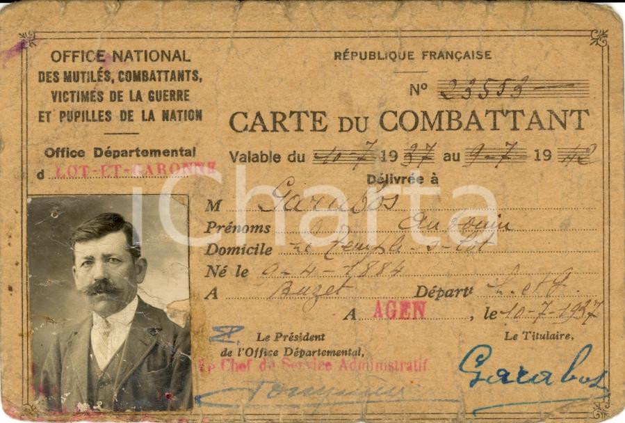 Oggetto da collezione cartaceo 1937 AGEN (F) Antonin GARABOS Carte combattant con FOTO 1