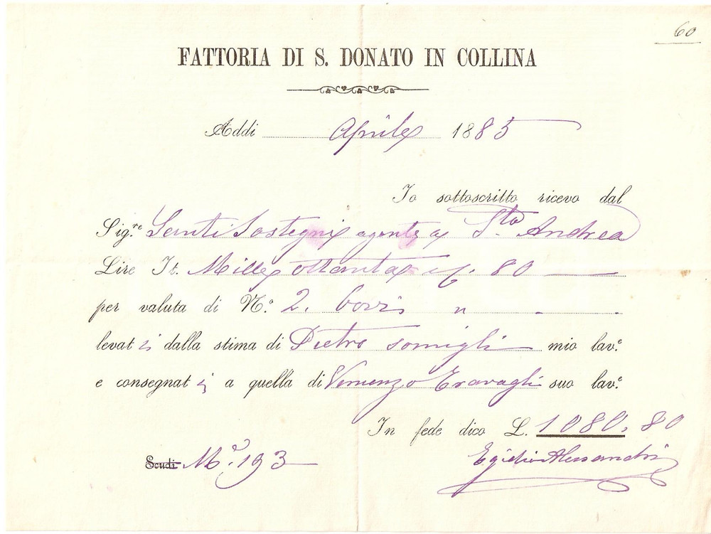 Documento originale, autentico 1883 RIGNANO SULL ARNO FI Frazione SAN DONATO IN COLLINA Fattoria  Ricevuta 1