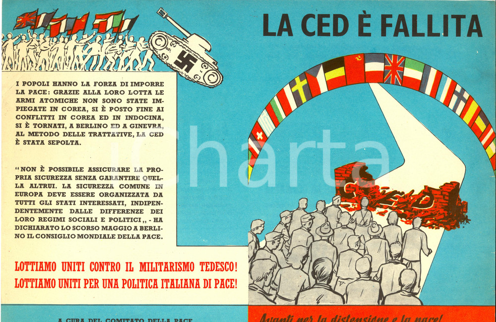 Materiale pubblicitario d’epoca 1951 COMITATO DELLA PACE Contro CED e bomba atomica ILLUSTRATO Documento 1 1