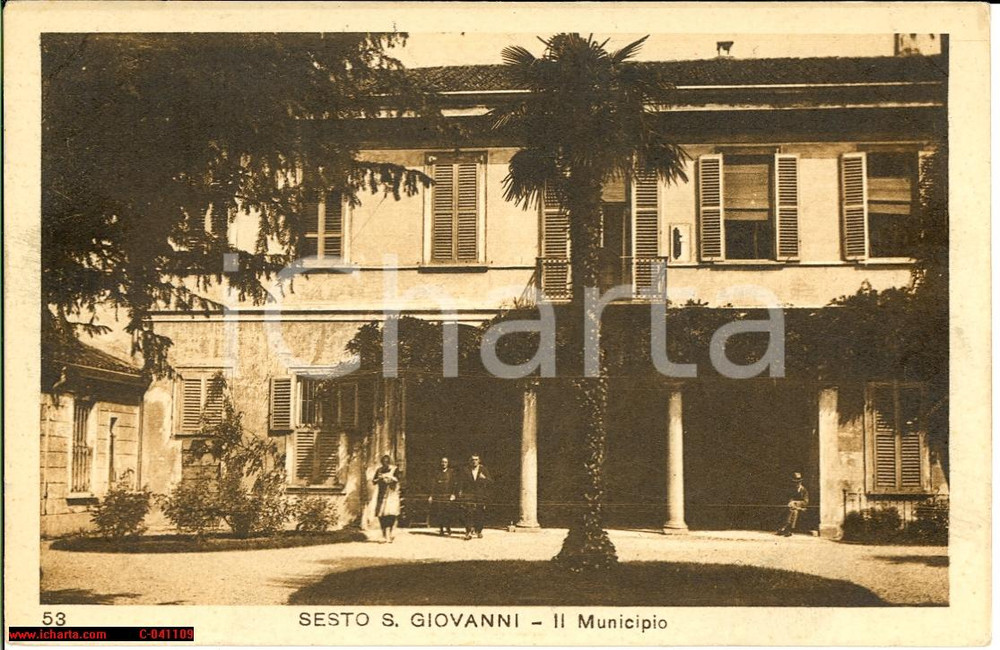 Cartolina originale da collezione 1920 SESTO SAN GIOVANNI Veduta Municipio animata FP NV 1
