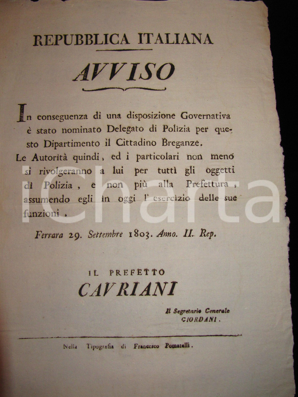 Documento originale, autentico 1803 FERRARA REPUBBLICA ITALIANA Giacomo BREGANZE Delegato Polizia BASSO PO 1