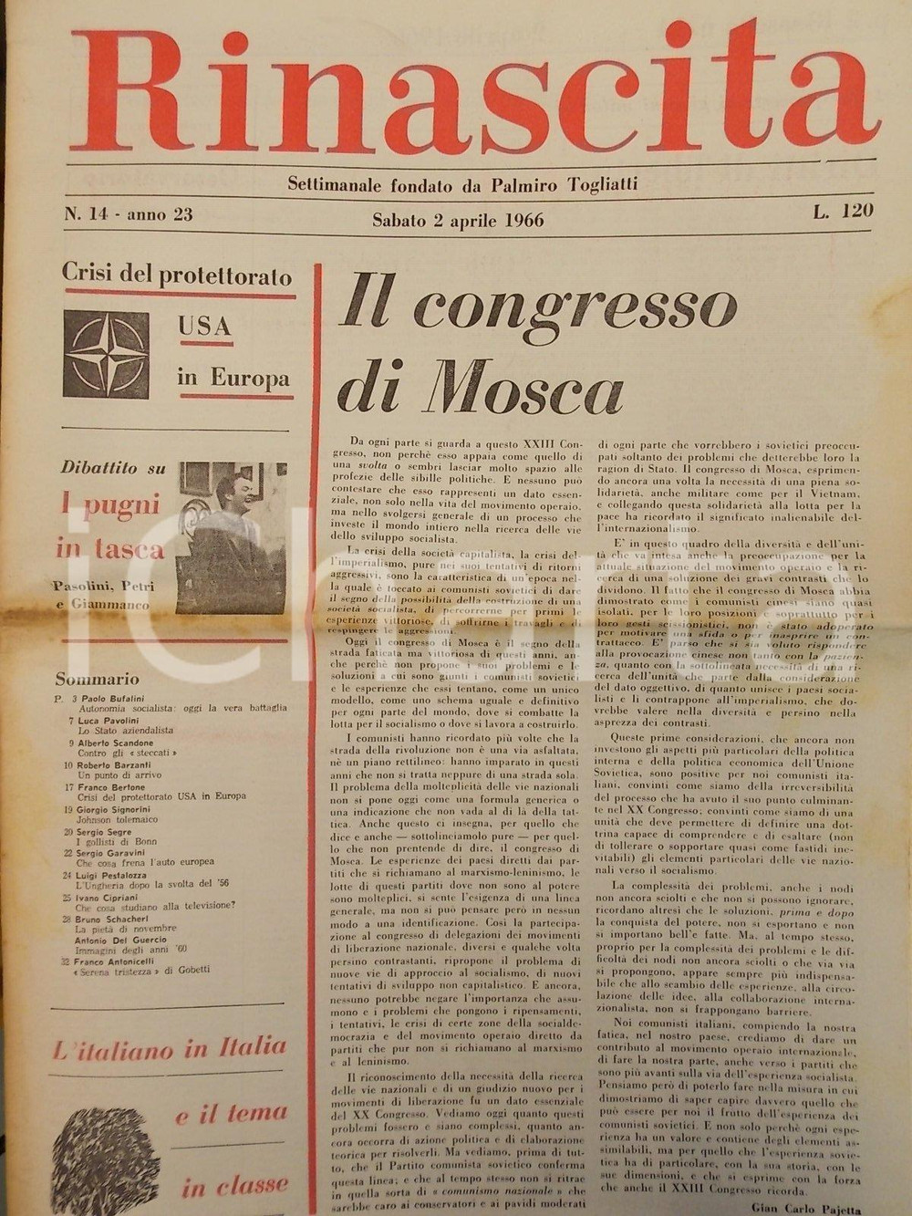 Giornale, rivista storica 1966 RINASCITA Gian Carlo PAJETTA Il XXIII Congresso di MOSCA Giornale 1