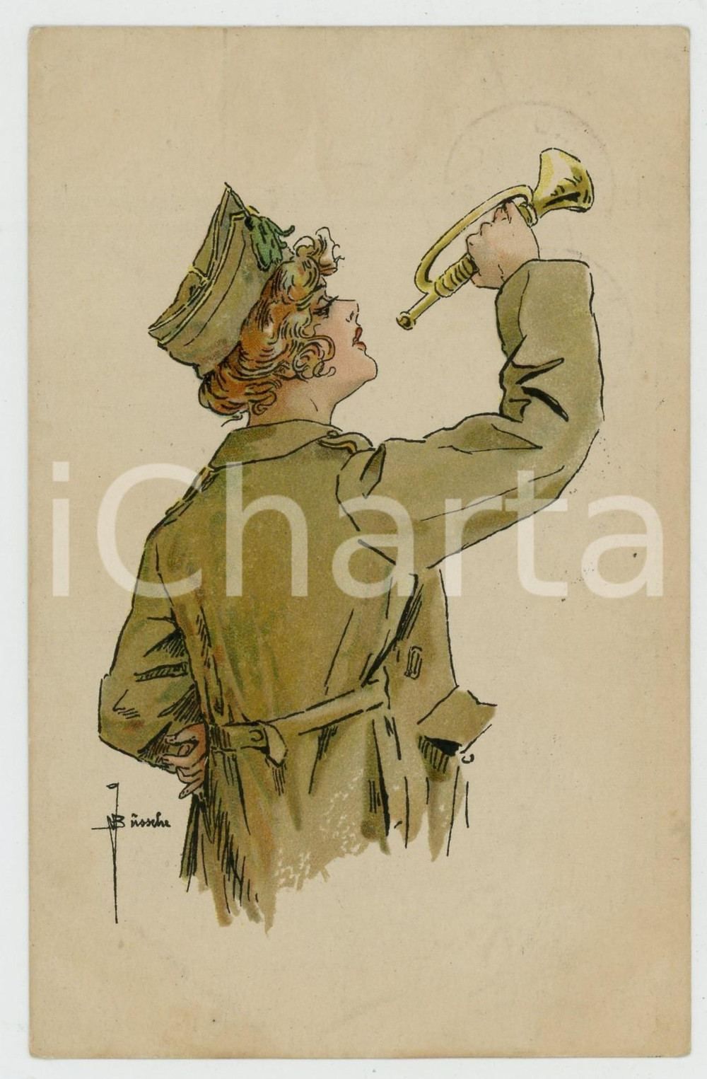 1920 BELGIQUE Artiste J. BUSSCHE - Femme soldat avec trompette *Carte postale Cartolina postale d'epoca, illustrata, viaggiata (ma francobollo asportato). GOOD/buono  Formato: 9x14 cm originale e autentica 1