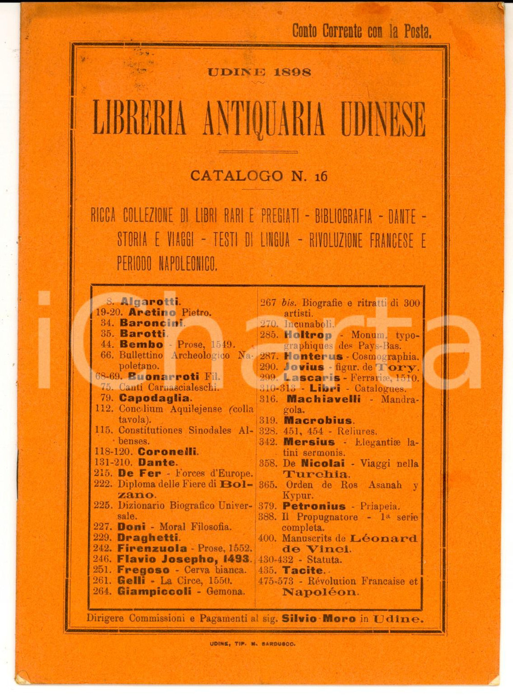1898 UDINE Libreria Antiquaria Udinese - Catalogo libri rari e pregiati nÂ° 16 CONDIZIONI: fair    originale e autentica 1