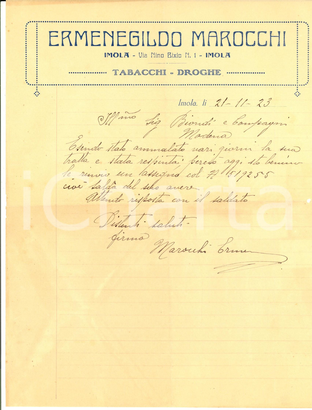 Documento originale, autentico 1923 IMOLA BO Lettera Ermenegildo MAROCCHI Tabacchi e droghe Intestata 1
