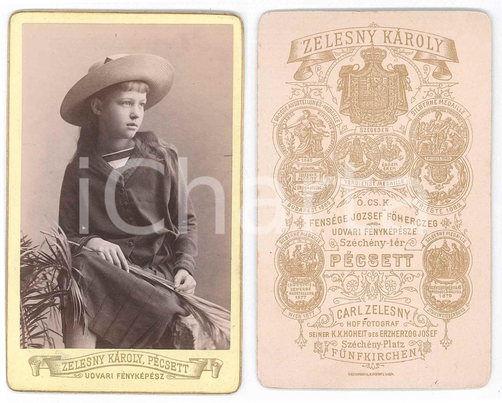 Fotografia d epoca originale 1900 ca PECS HUNGARY Young girl in a straw hat 2 Photo Karoly ZELESNY CDV 1