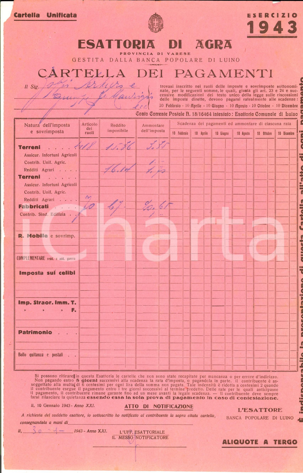 Documento originale, autentico 1943 RSI AGRA VA Cartella dei pagamenti per terreni Banca popolare LUINO 1