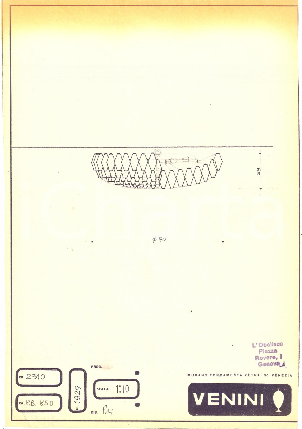 Materiale pubblicitario d’epoca 1960 ca MURANO VENEZIA vetrai VENINI Disegno plafoniera Eliografia 3 1