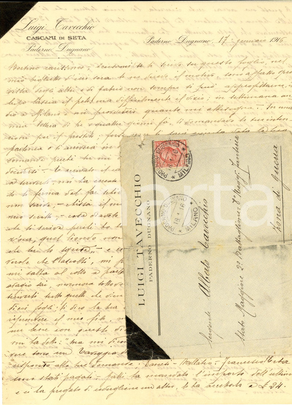 Manoscritto, lettera originale 1916 PADERNO DUGNANO MI Piera ad Alberto TAVECCHIO su affari di famiglia 1