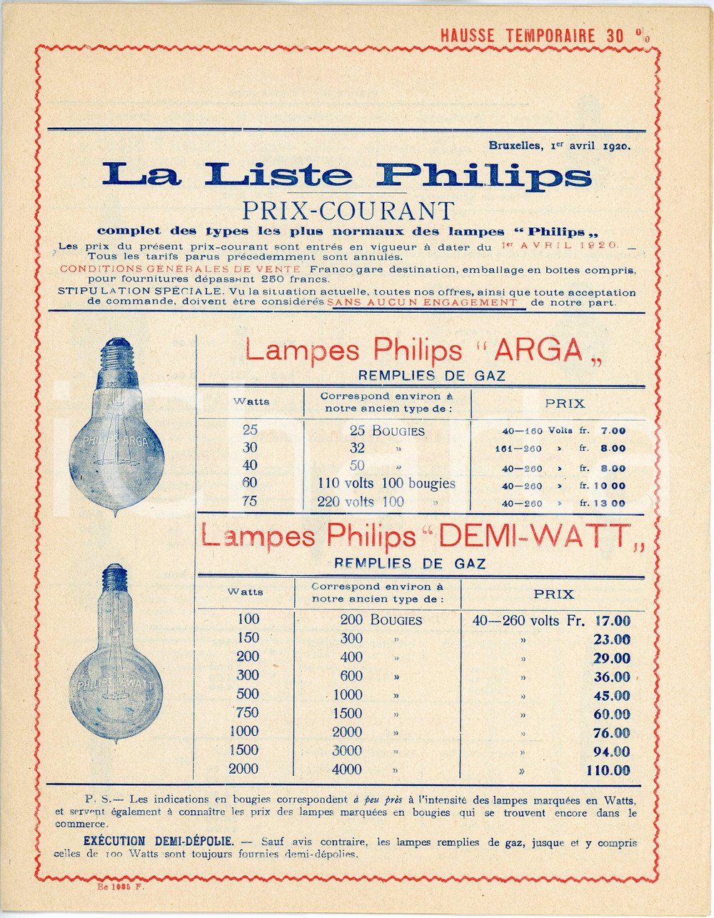 Avril 1920 BRUXELLES Liste lampes PHILIPS prix courant  - ILLUSTRE' 1 Listino prezzi d'epoca, illustrato.PAGINE: 4  GOOD/buono   originale e autentica 1