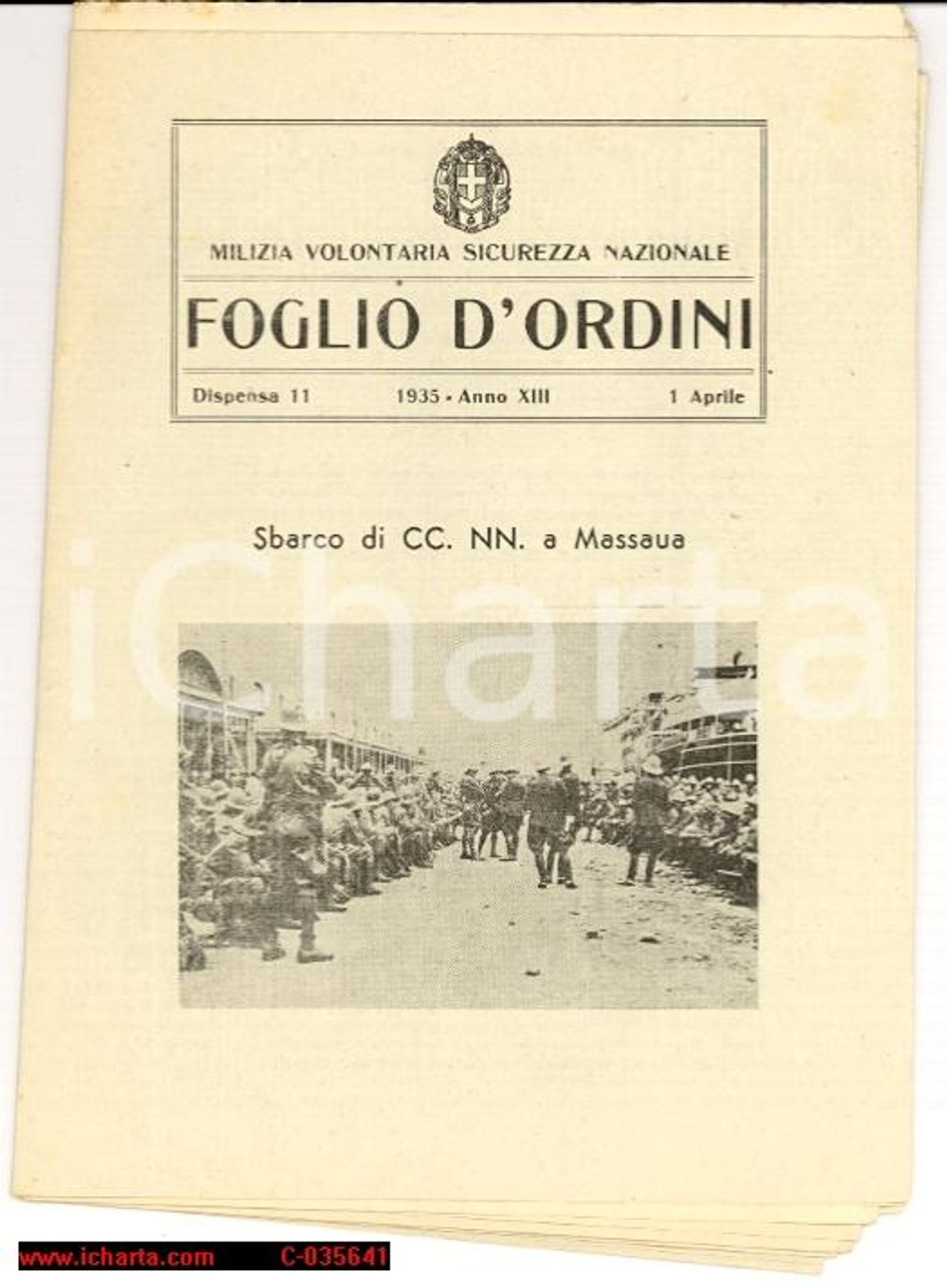 Oggetto da collezione cartaceo 1935 MVSN FOGLIO D'ORDINI Sbarco CCNN Massaua 1