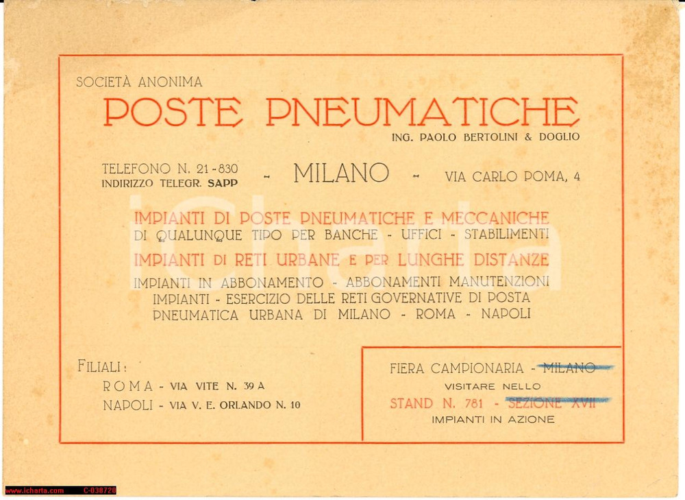 Materiale pubblicitario d’epoca 1910ca MILANO Via Poma 4 Poste Pneumatiche BERTOLINI & DOGLIO Biglietto pubblic. 1
