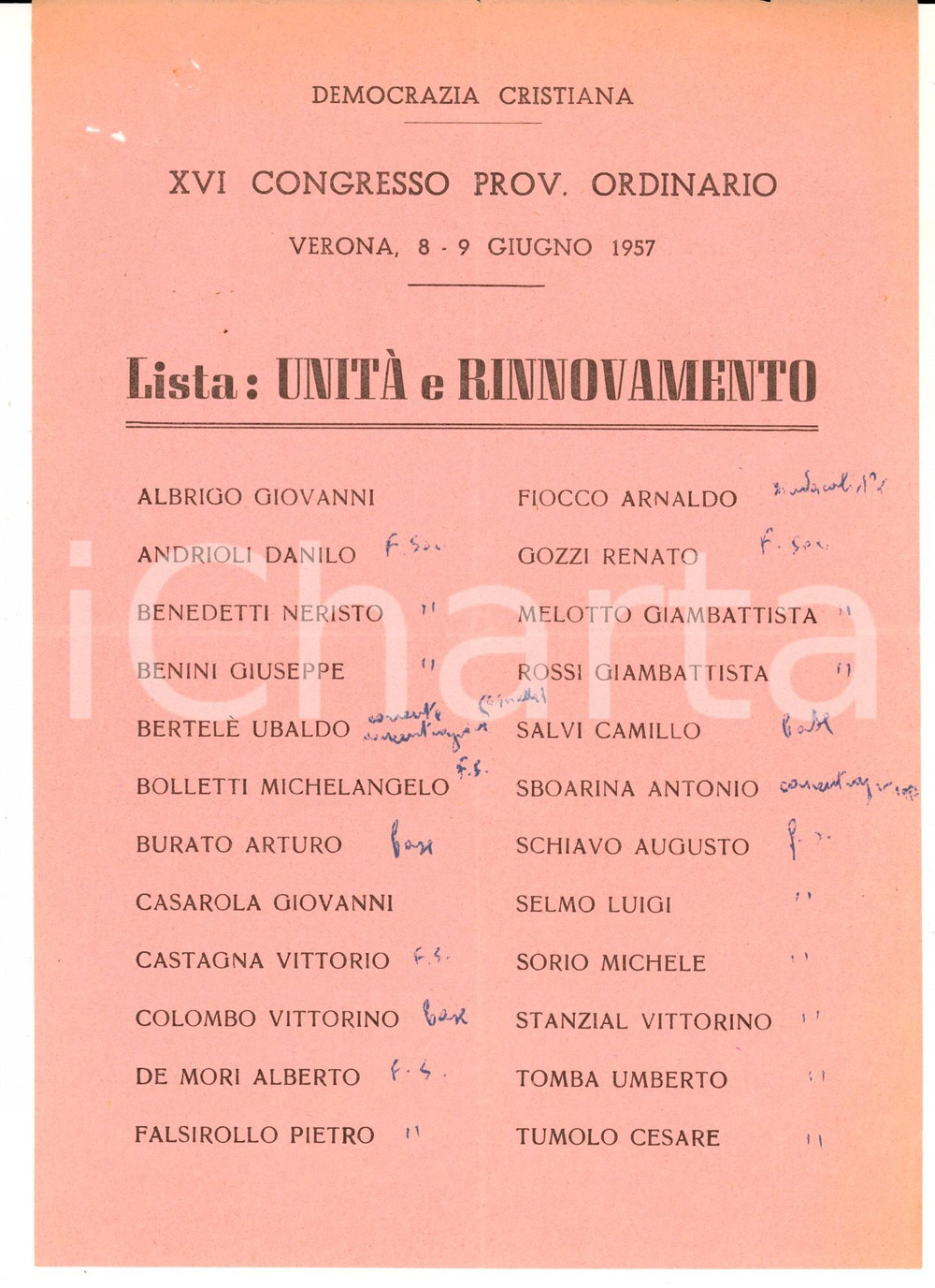 Materiale pubblicitario d’epoca 1957 VERONA XVI Congresso Provinciale DC Lista Unità e rinnovamento Manifestino 1