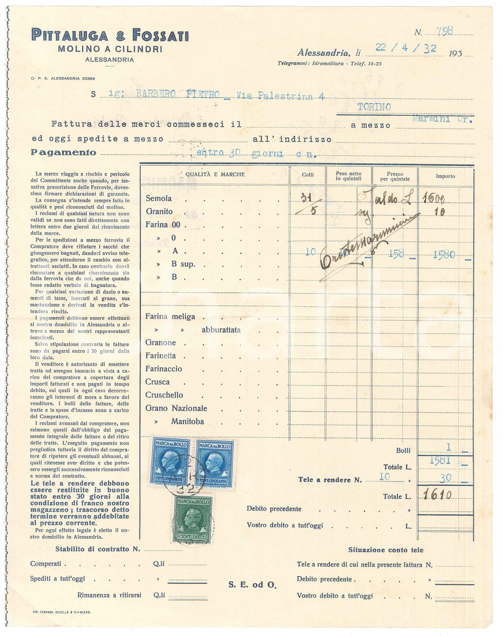 Documento originale, autentico 1932 ALESSANDRIA  PITTALUGA & FOSSATI Molino a cilindri  Fattura 1